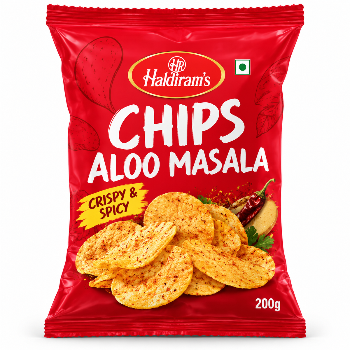 Haldiram Aloo Masala Chips 200g red packet displayed upright on a clean white background.