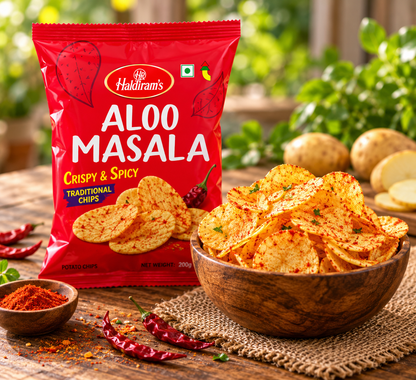 Haldiram Aloo Masala Chips 200g packet displayed beside a wooden bowl of spicy potato chips with red chillies and potatoes on a rustic table.