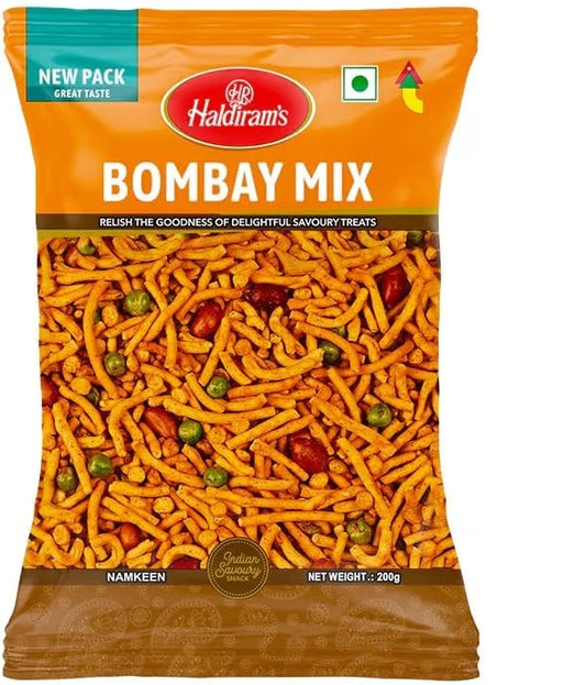 Haldiram Bombay Mixture 200g pack of crunchy Indian namkeen snack mix with split chickpeas, peanuts, green peas and crispy chickpea flour noodles seasoned with chilli and mango powder