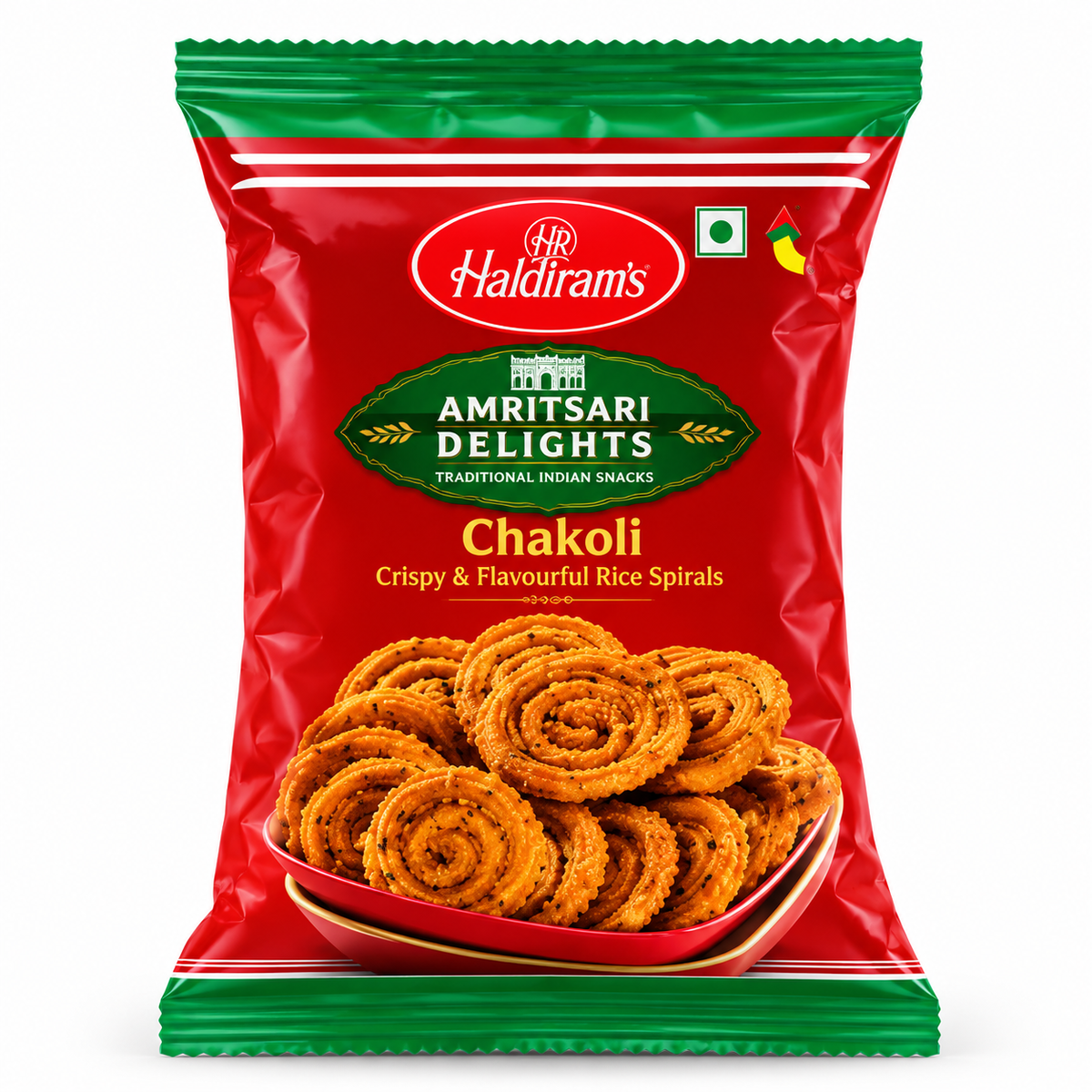 Haldiram Chakoli snack packet in red and green packaging, featuring golden, crispy spiral-shaped rice snacks on the front.