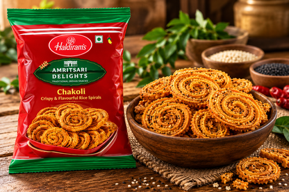 Haldiram Chakoli snack packet displayed beside a wooden bowl of golden, crispy spiral-shaped snacks on a rustic table with sesame seeds and spices.