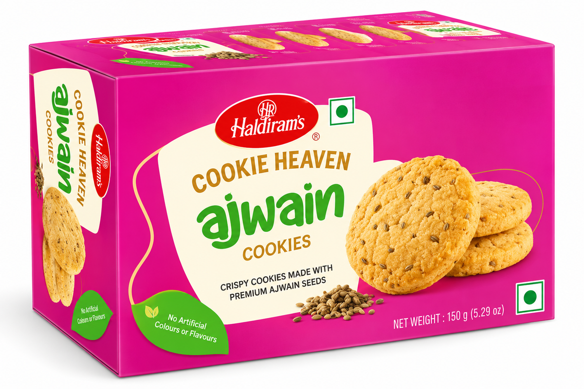 Haldiram’s Cookie Heaven Ajwain Cookies 150g featuring crispy golden cookies flavoured with ajwain seeds in bright pink packaging.