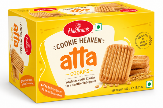 Haldiram’s Cookie Heaven Atta Cookies 350g featuring crispy golden whole wheat biscuits in bright yellow packaging.