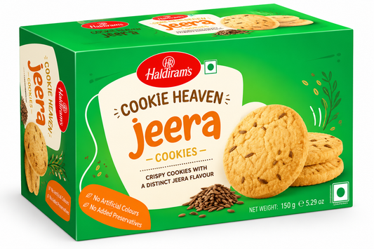 Haldiram’s Cookie Heaven Jeera Cookies 150g featuring crispy golden cumin-flavoured cookies in green packaging.