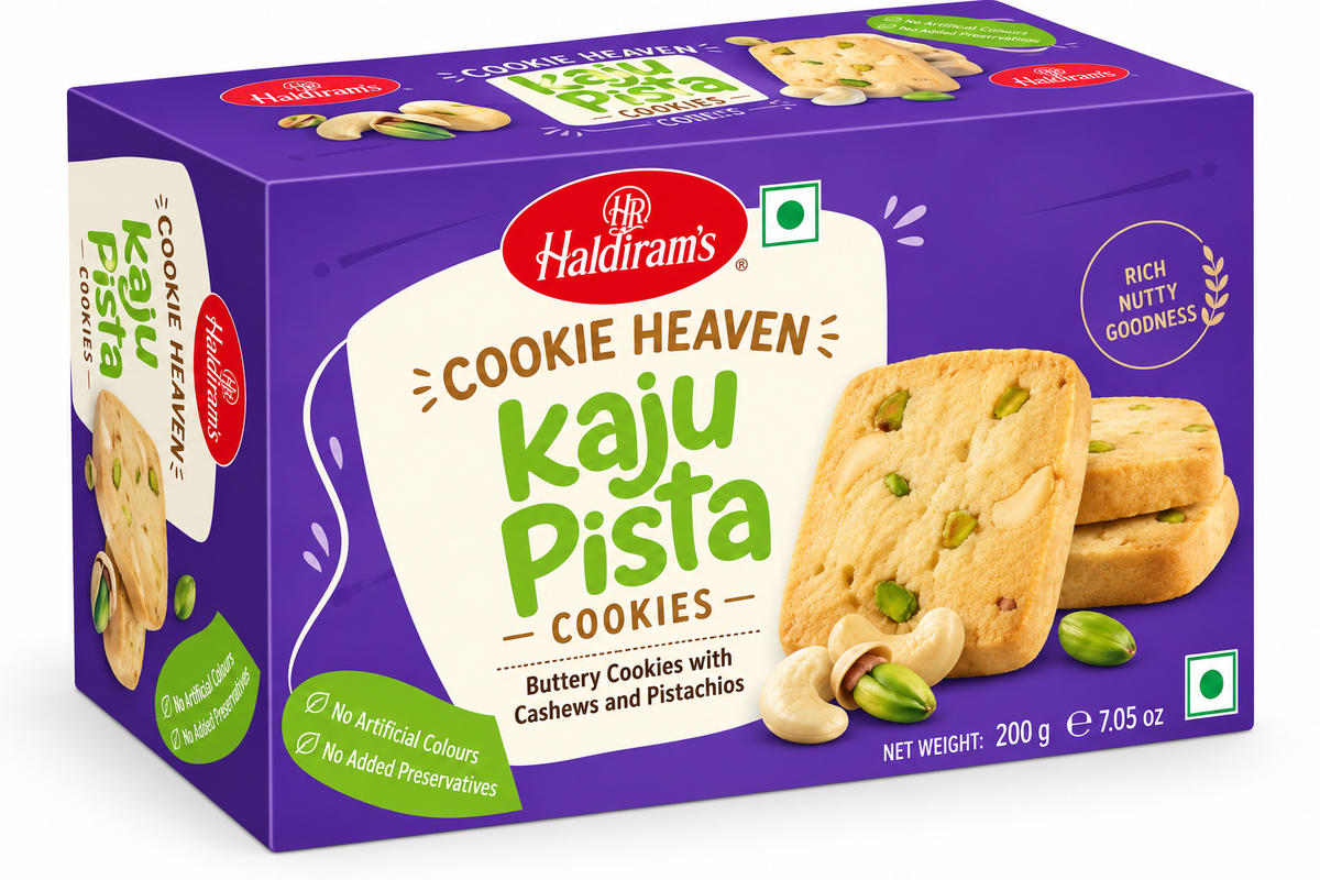Haldiram’s Cookie Heaven Kaju Pista Cookies 200g featuring crispy golden cookies with cashews and pistachios in purple packaging.