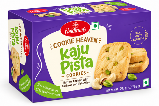 Haldiram’s Cookie Heaven Kaju Pista Cookies 200g featuring crispy golden cookies with cashews and pistachios in purple packaging.