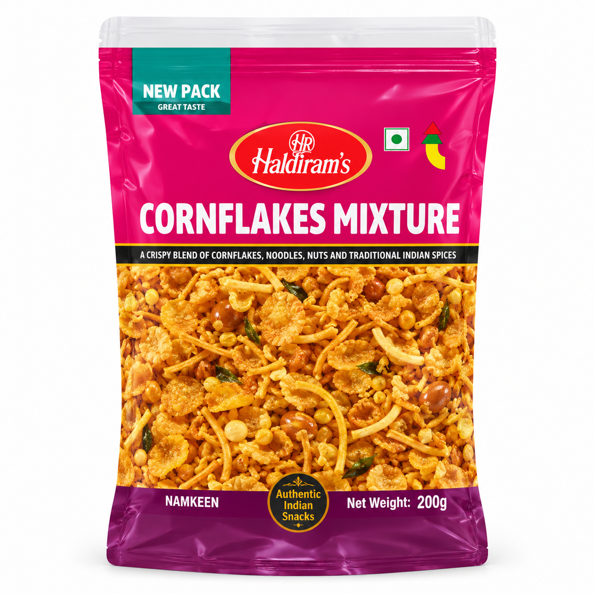 Haldiram Cornflakes Mixture 200g snack packet in magenta and purple packaging displayed upright on a clean white background.