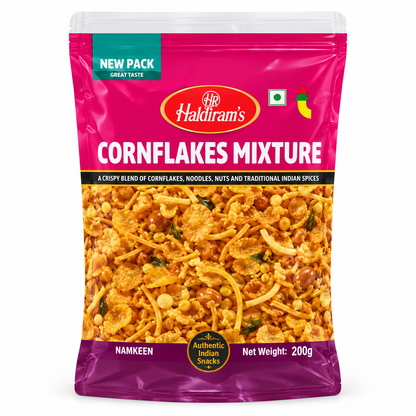 Haldiram Cornflakes Mixture 200g snack packet in magenta and purple packaging displayed upright on a clean white background.
