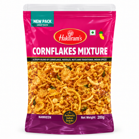 Haldiram Cornflakes Mixture 200g snack packet in magenta and purple packaging displayed upright on a clean white background.