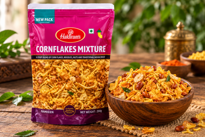 Haldiram Cornflakes Mixture 200g packet displayed beside a wooden bowl of crunchy cornflakes mixture with sev, nuts and savoury snack pieces on a rustic table.