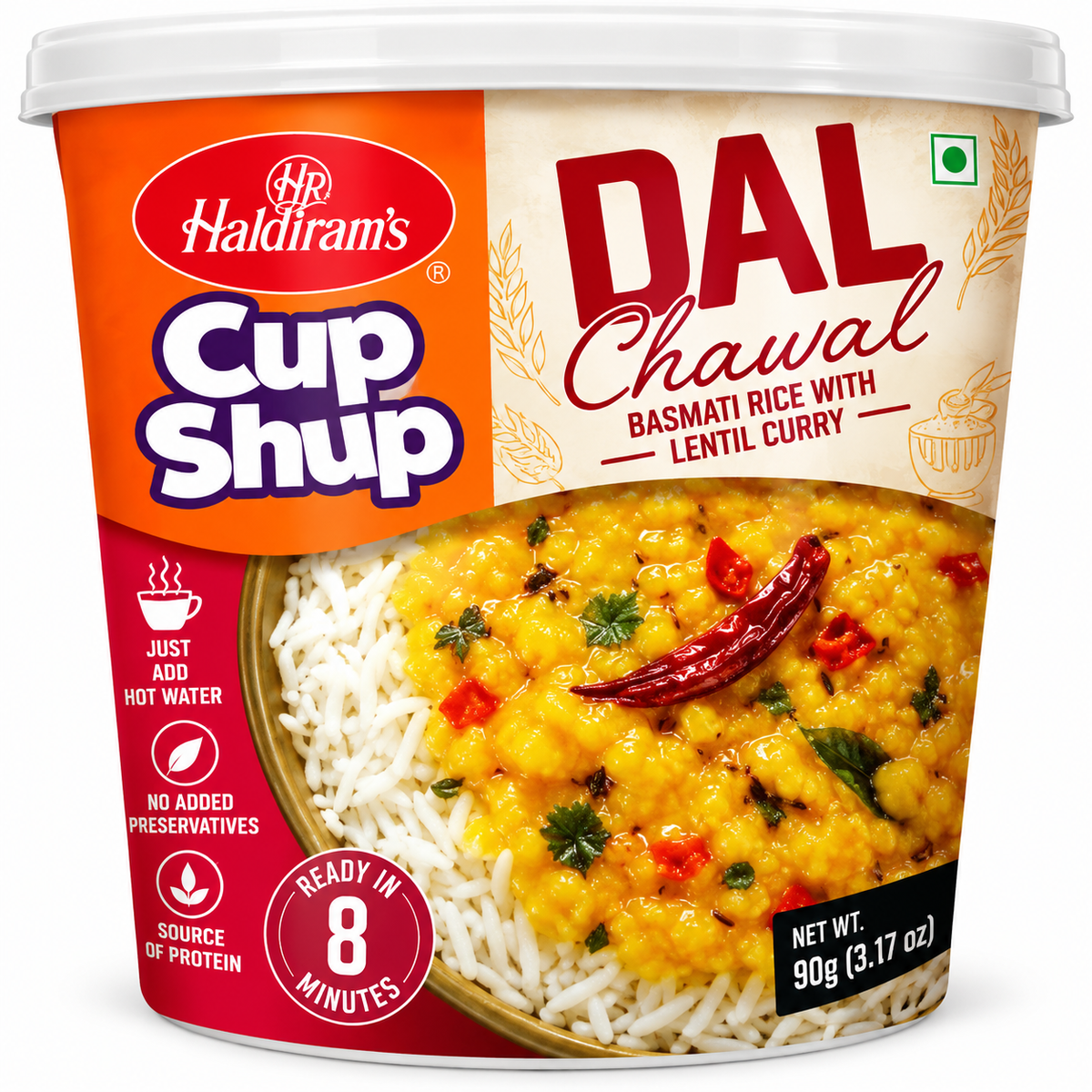 Haldiram’s Cup Shup Dal Chawal 90g instant meal with basmati rice and yellow lentil curry, ready in 8 minutes by adding hot water.