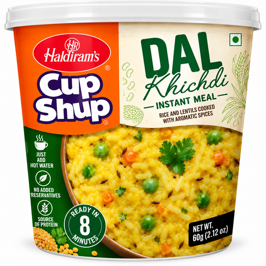 Haldiram’s Cup Shup Dal Khichdi 60g instant meal featuring yellow rice and lentils cooked with aromatic Indian spices, ready in 8 minutes by adding hot water.