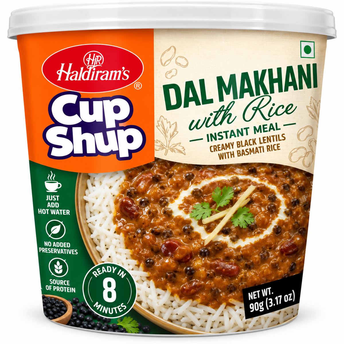 Haldiram’s Cup Shup Dal Makhani with Rice 90g instant meal featuring creamy black lentil curry and basmati rice, ready in 8 minutes by adding hot water.