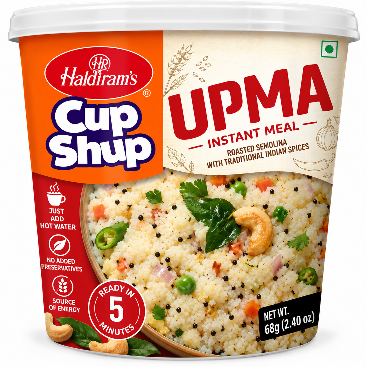 Haldiram’s Cup Shup Upma 68g instant meal featuring roasted semolina cooked with traditional Indian spices, curry leaves and cashews, ready in 5 minutes.