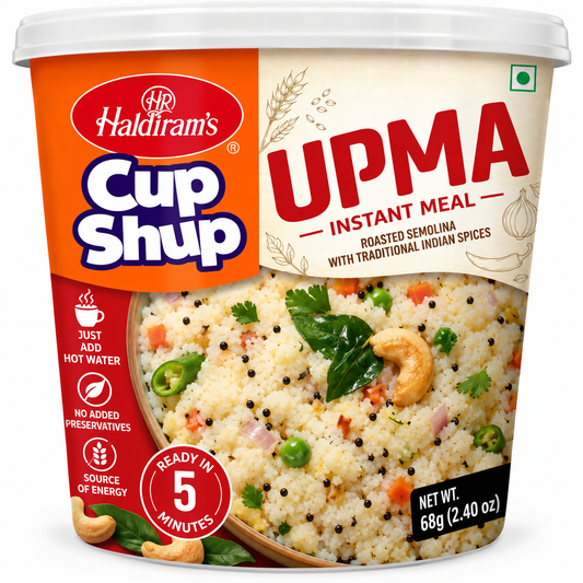 Haldiram’s Cup Shup Upma 68g instant meal featuring roasted semolina cooked with traditional Indian spices, curry leaves and cashews, ready in 5 minutes.