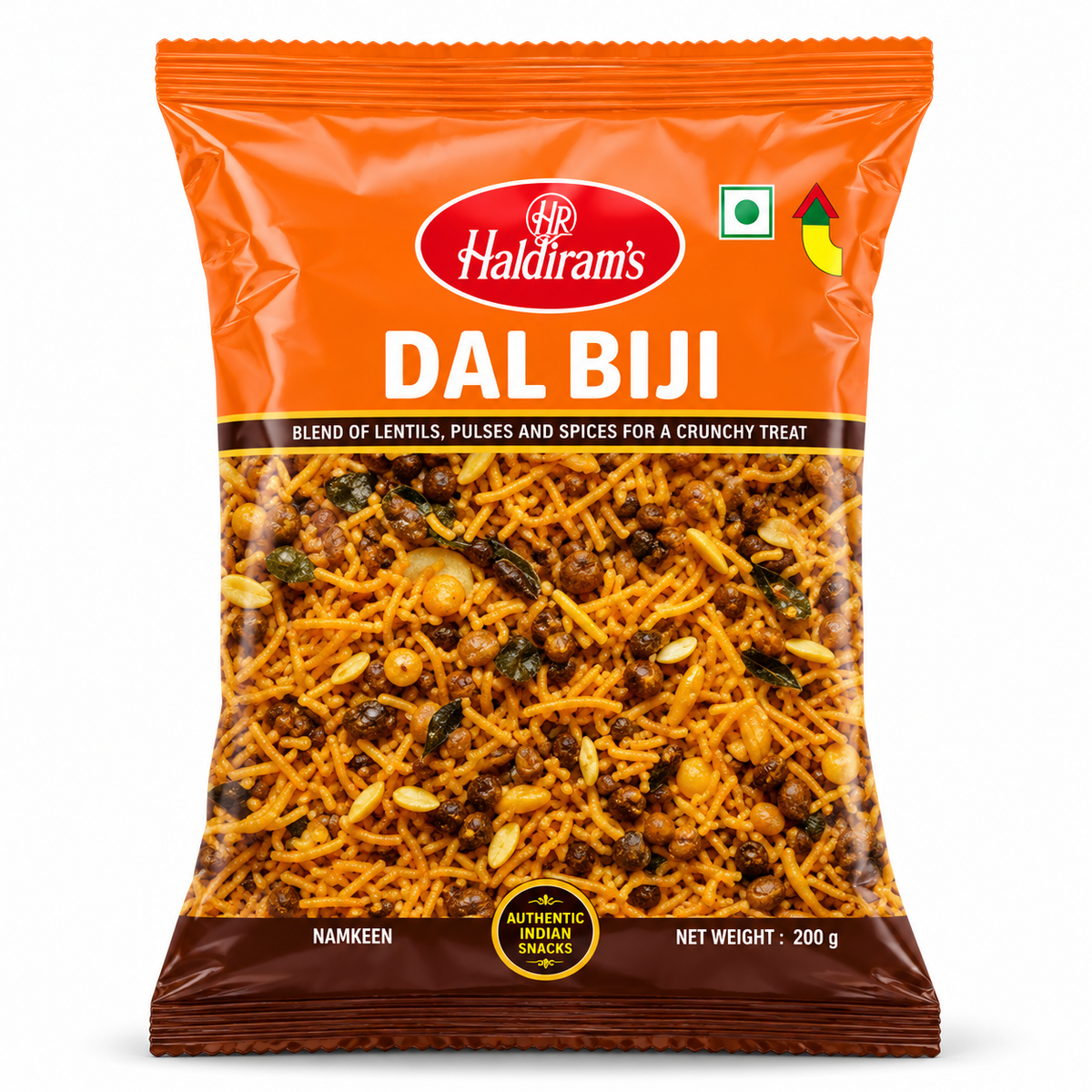 Haldiram Dal Biji 200g orange snack packet displayed upright on a clean white background.