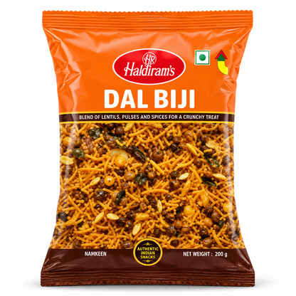 Haldiram Dal Biji 200g orange snack packet displayed upright on a clean white background.