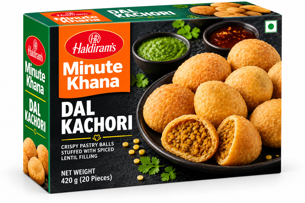 Haldiram’s Minute Khana Dal Kachori 420g box featuring green, orange and black packaging, golden crispy kachoris filled with spiced lentils, served with green chutney and tamarind sauce.