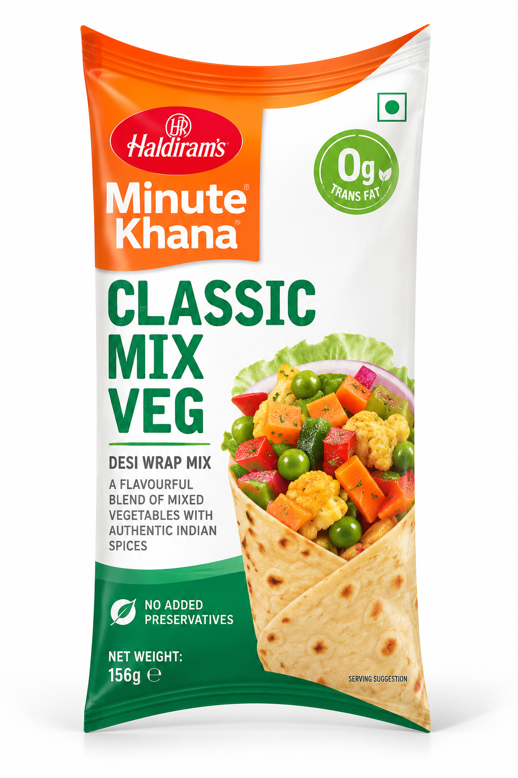 Haldiram’s Minute Khana Desi Wrap Mix Vegetable 156g pouch featuring orange, white and green packaging, a vegetable-filled wrap with peas, carrots, cauliflower and peppers, and Haldiram’s branding.
