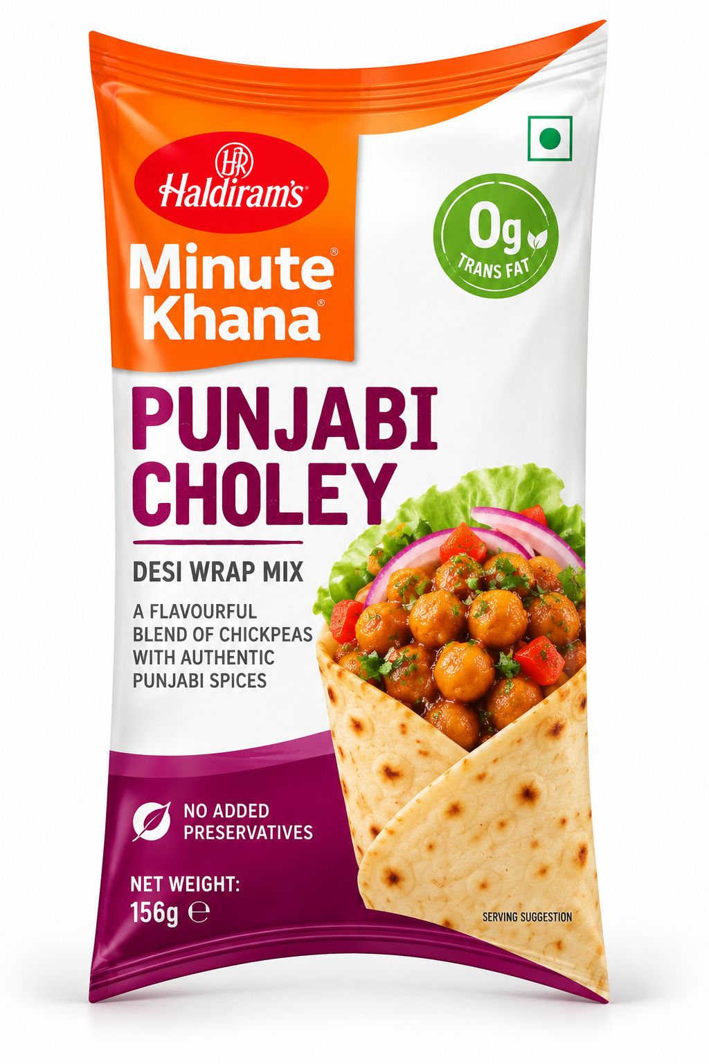 Haldiram’s Minute Khana Punjabi Choley Desi Wrap Mix 156g pouch featuring orange, white and magenta packaging, a tortilla wrap filled with spicy chickpeas, red onion, tomatoes, and fresh lettuce, with Haldiram’s branding.