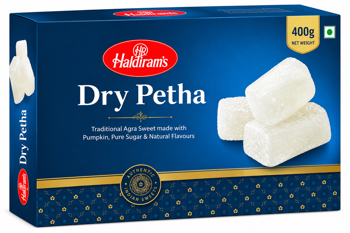 Haldiram’s Dry Petha 400g traditional Indian sweet made from pumpkin and sugar in a blue and gold packaging box.