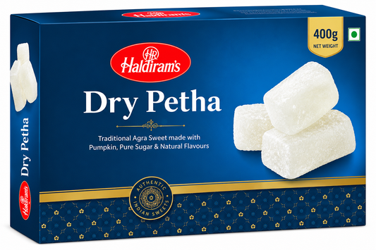 Haldiram’s Dry Petha 400g traditional Indian sweet made from pumpkin and sugar in a blue and gold packaging box.