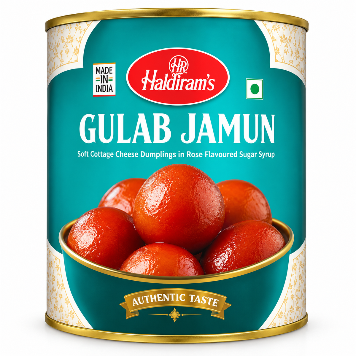 Haldiram Gulab Jamun 1kg tin with teal and gold packaging displayed upright on a clean white background.