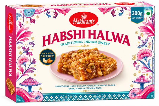 Haldiram’s Habshi Halwa 300g traditional Indian sweet made with wheat flour, ghee, sugar and nuts in decorative cream and pink packaging.