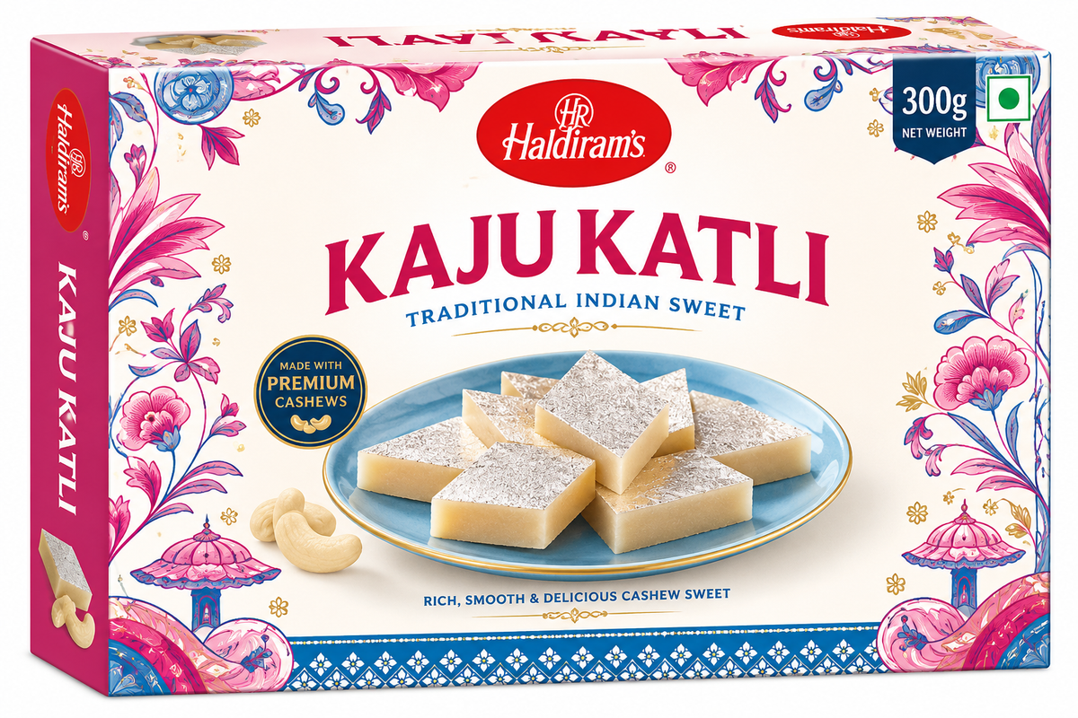 Haldiram’s Kaju Katli 300g traditional Indian cashew sweets topped with edible silver leaf in decorative pink and white packaging.