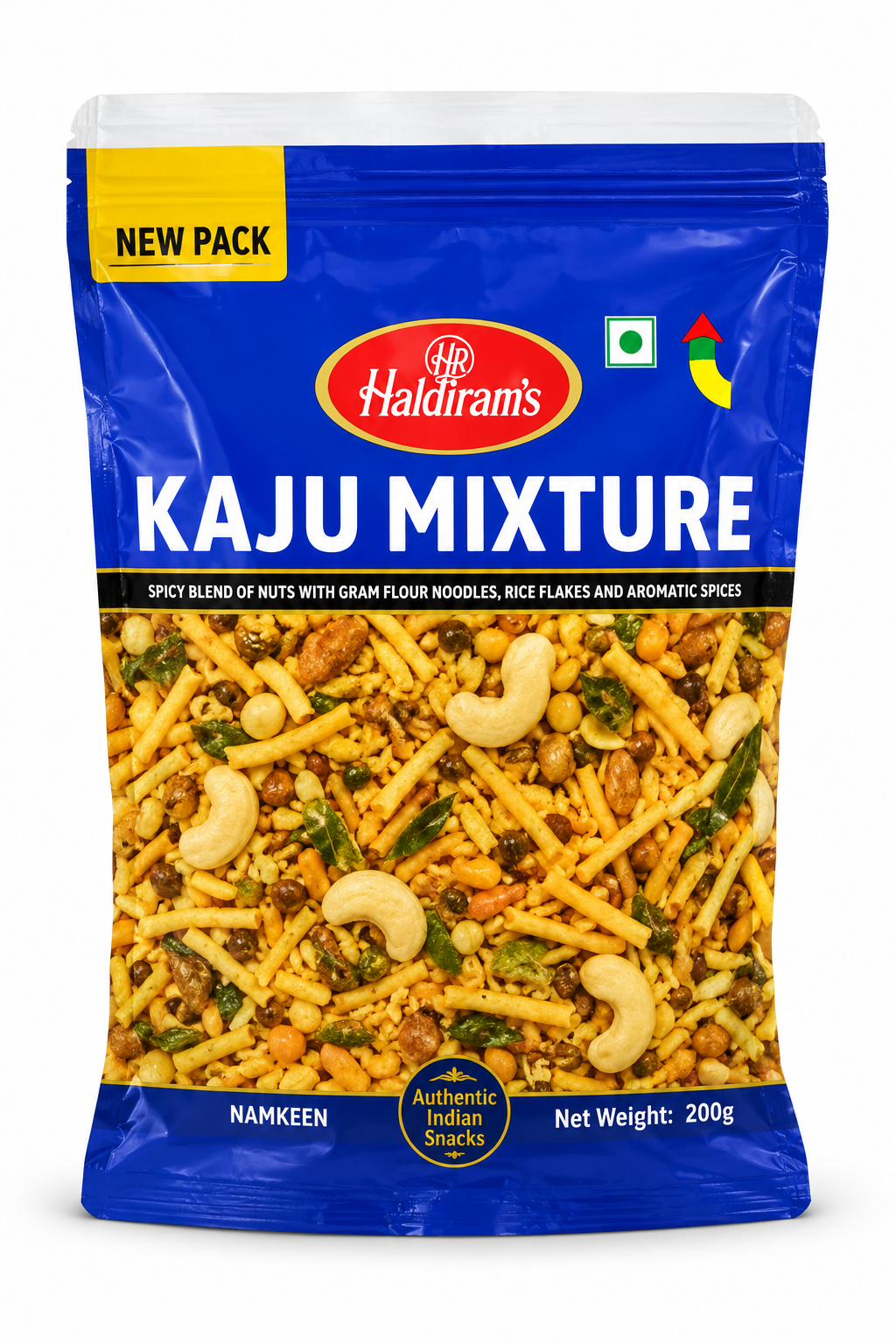 Haldiram Kaju Mixture 200g blue snack packet displayed upright on a clean white background.