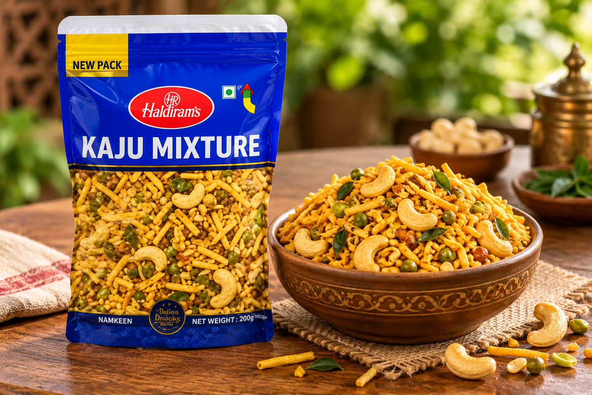 Haldiram Kaju Mixture 200g packet displayed beside a bowl of savoury mixture with cashews, sev and crunchy snack pieces on a rustic wooden table.