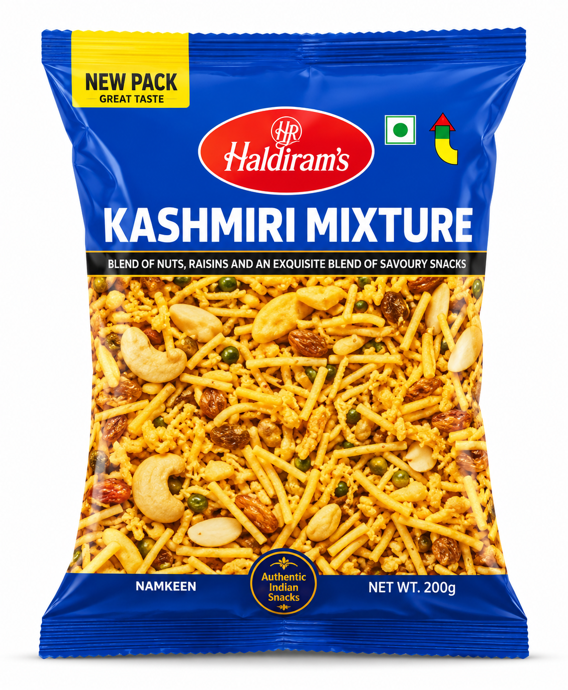 Haldiram Kashmiri Mixture 200g blue snack packet displayed upright on a clean white background.