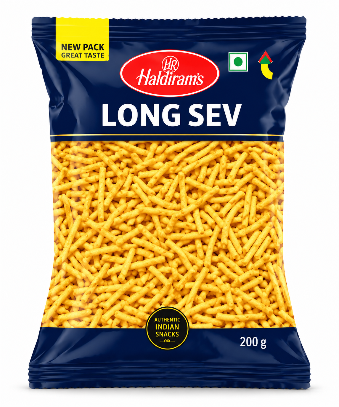 Haldiram Long Sev 200g packet featuring thin, crispy golden sev snack on a clean white background.
