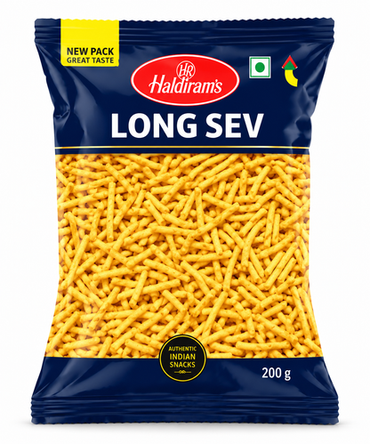 Haldiram Long Sev 200g packet featuring thin, crispy golden sev snack on a clean white background.