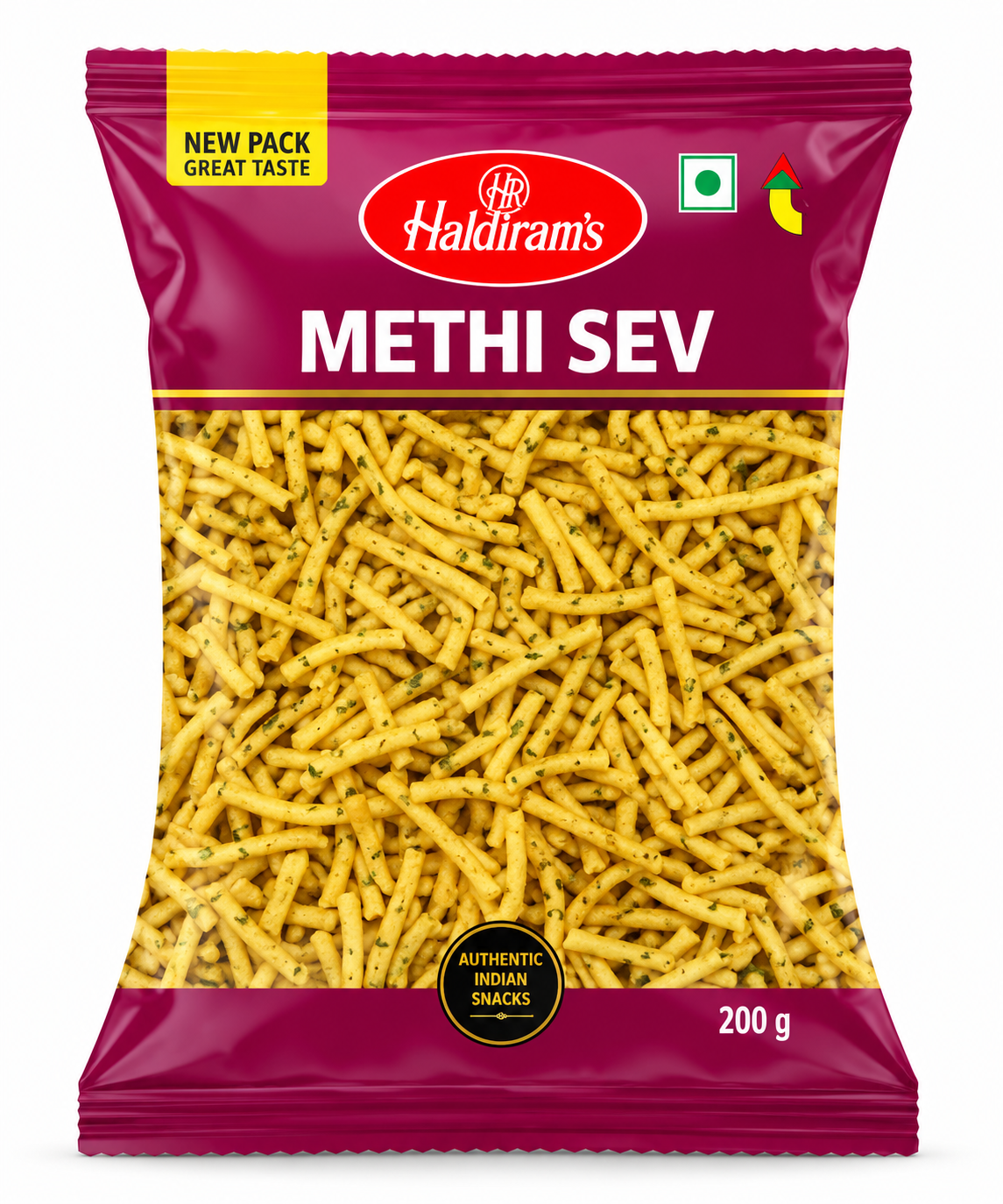 Haldiram Methi Sev 200g packet featuring golden, crispy sev with methi herb flecks on a clean white background.