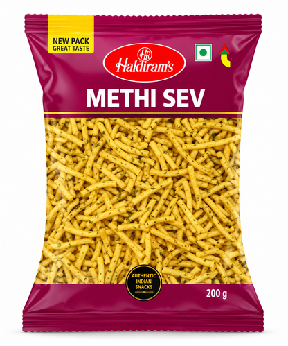 Haldiram Methi Sev 200g packet featuring golden, crispy sev with methi herb flecks on a clean white background.