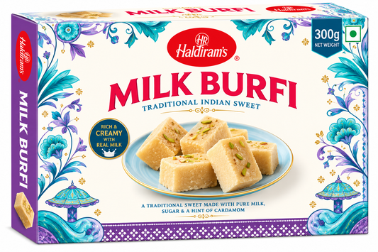 Haldiram’s Milk Burfi 300g traditional Indian milk sweets with a rich, creamy texture in decorative cream, teal and purple packaging.
