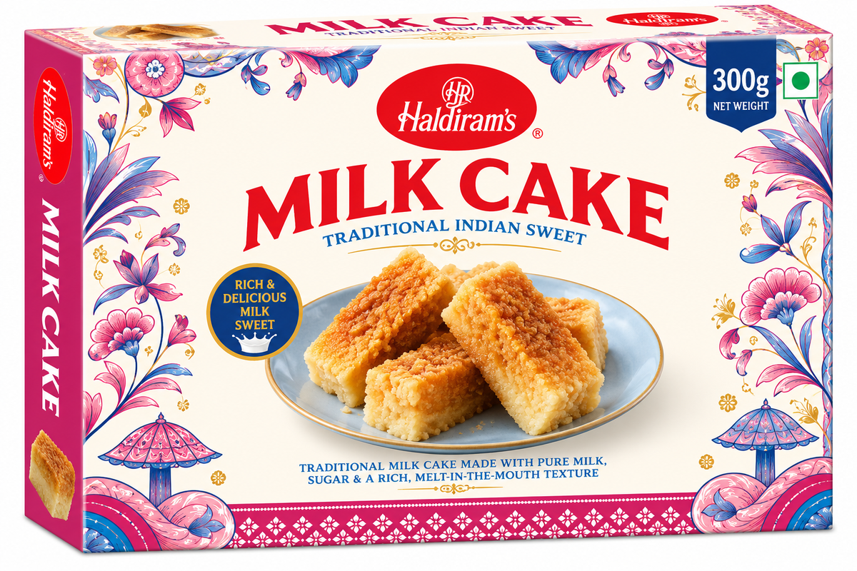 Haldiram’s Milk Cake 300g traditional Indian milk sweet with a rich, soft texture in decorative cream, pink and blue packaging.