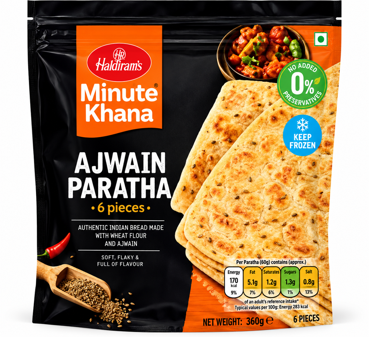 Haldiram’s Minute Khana Ajwain Paratha 360g featuring six frozen Indian flatbreads flavoured with ajwain seeds in black and orange packaging.