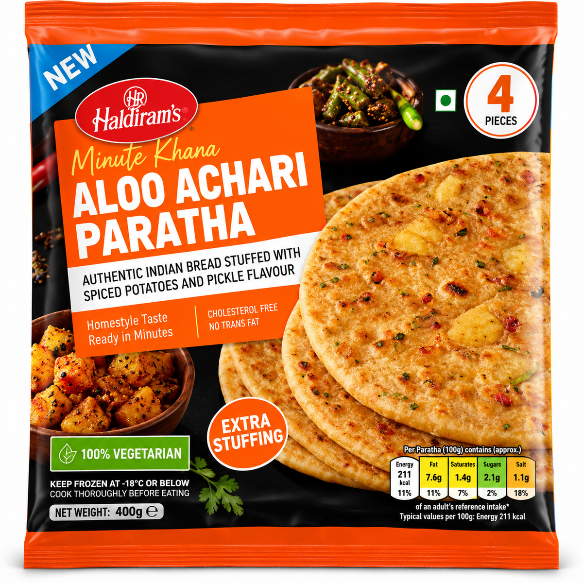 Haldiram’s Minute Khana Aloo Achari Paratha 400g featuring four Indian flatbreads stuffed with spiced potatoes and tangy pickle seasoning in black and orange packaging.