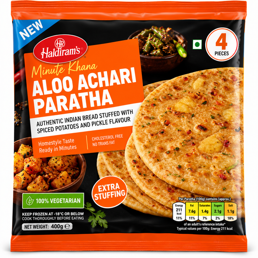 Haldiram’s Minute Khana Aloo Achari Paratha 400g featuring four Indian flatbreads stuffed with spiced potatoes and tangy pickle seasoning in black and orange packaging.