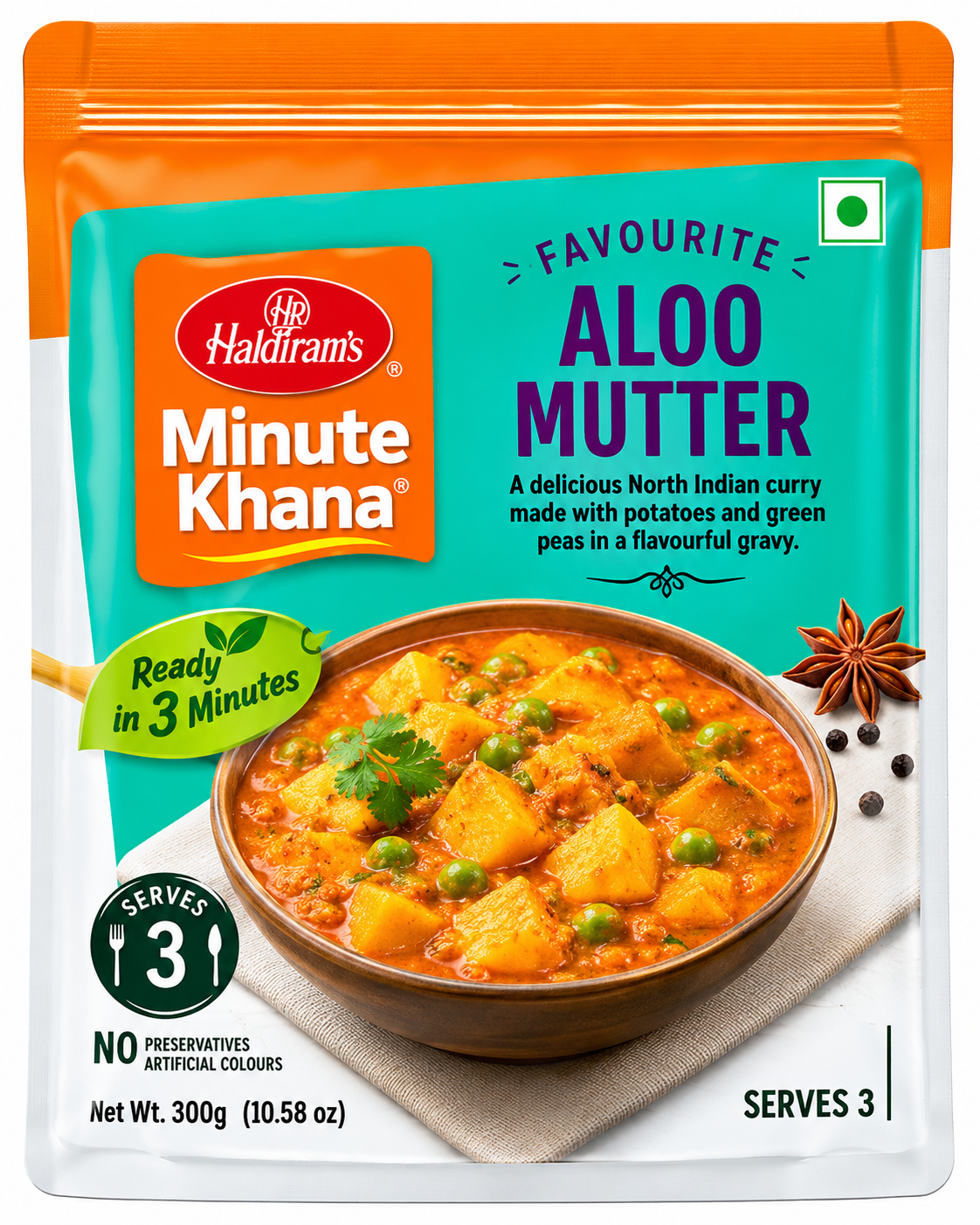 Haldiram’s Minute Khana Aloo Mutter 300g ready-to-eat Indian curry with potatoes and green peas in a teal and orange pouch.