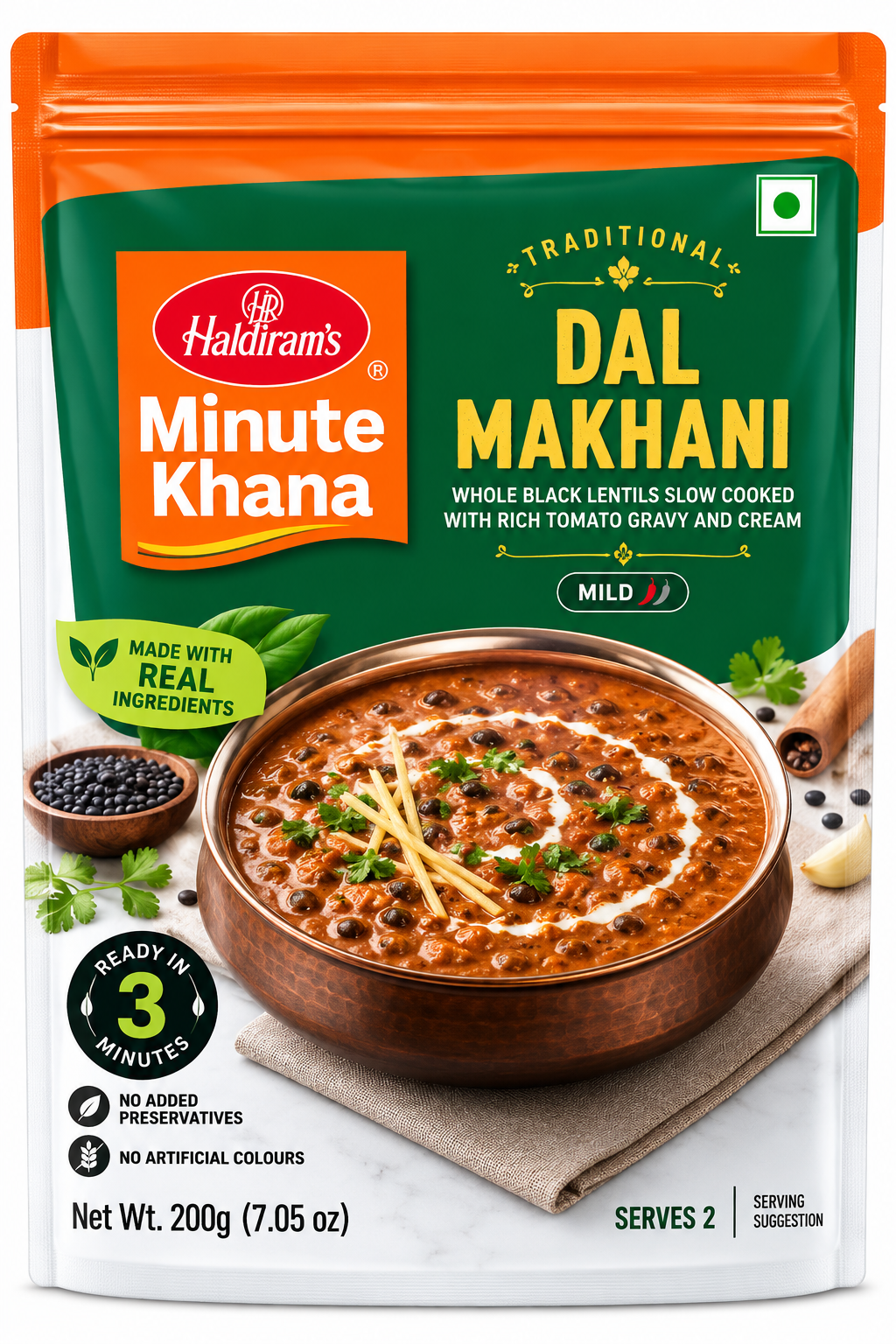 Haldiram’s Minute Khana Dal Makhani 200g ready-to-eat Indian black lentil curry in a green and orange pouch.