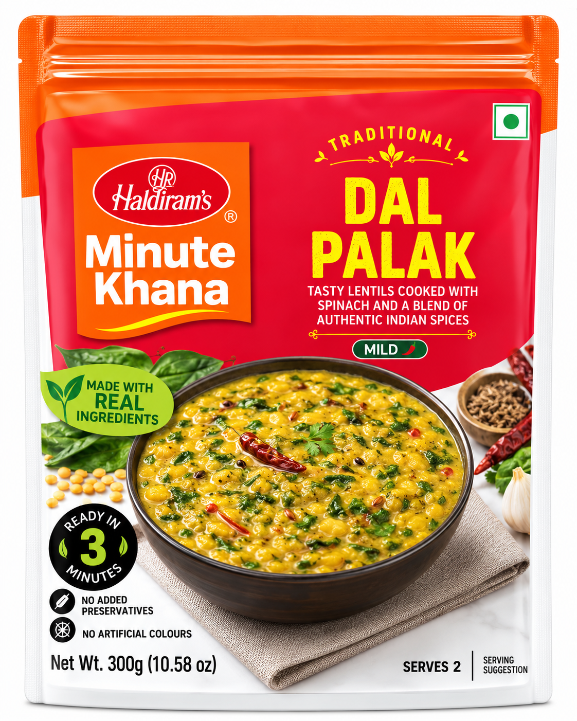 Haldiram’s Minute Khana Dal Palak 300g ready-to-eat Indian lentil and spinach curry in red and orange packaging.