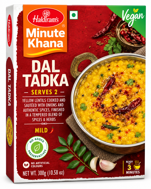 Haldiram’s Minute Khana Dal Tadka 300g ready-to-eat Indian yellow lentil curry with tempered spices in red and orange packaging.