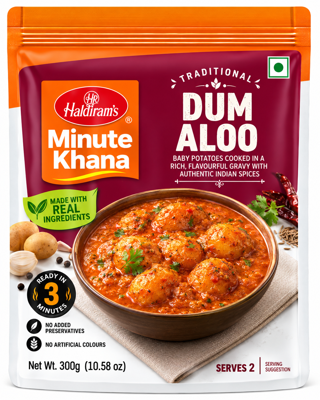 Haldiram’s Minute Khana Dum Aloo 300g ready-to-eat Indian curry featuring baby potatoes in rich, spiced gravy, packed in a maroon and orange pouch.