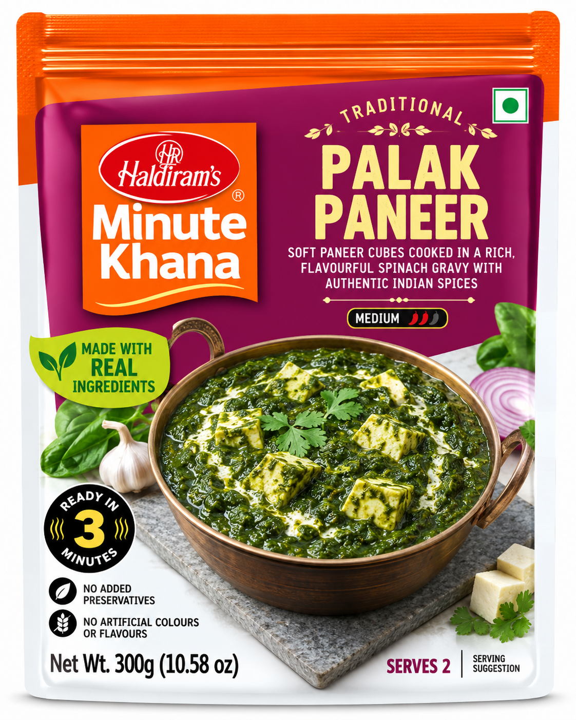 Haldiram’s Minute Khana Palak Paneer 300g ready-to-eat Indian curry with soft paneer cubes in creamy spinach gravy, in purple and orange packaging.