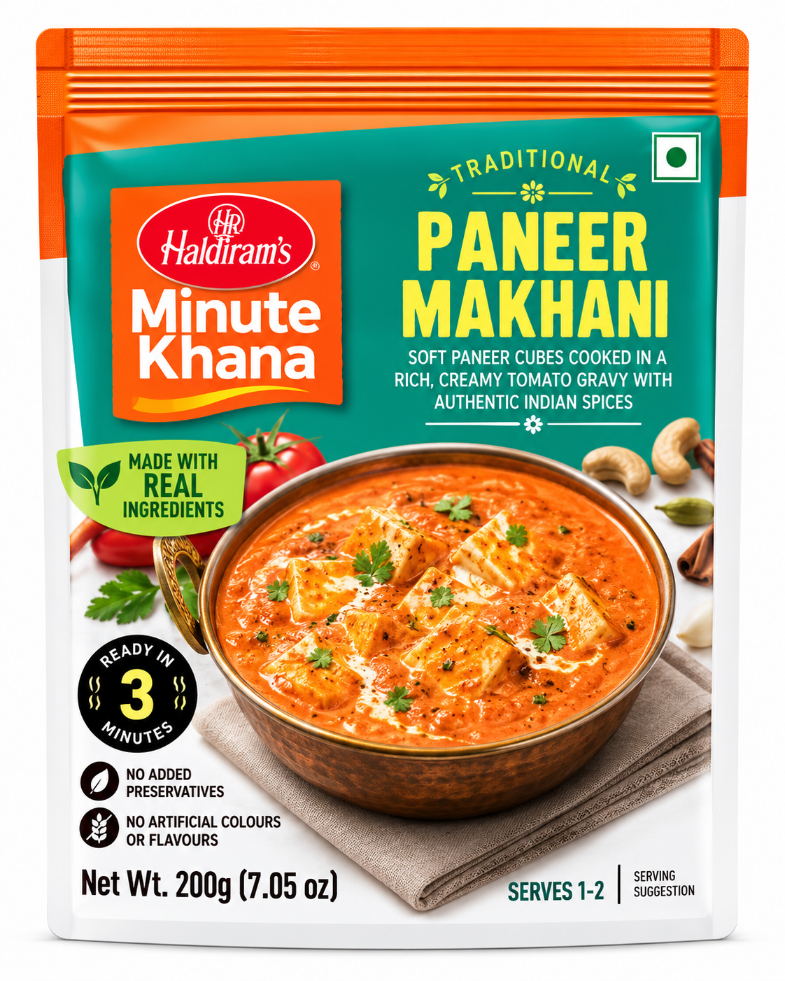 Haldiram’s Minute Khana Paneer Makhani 200g ready-to-eat Indian curry with soft paneer cubes in creamy tomato gravy, in teal and orange packaging.