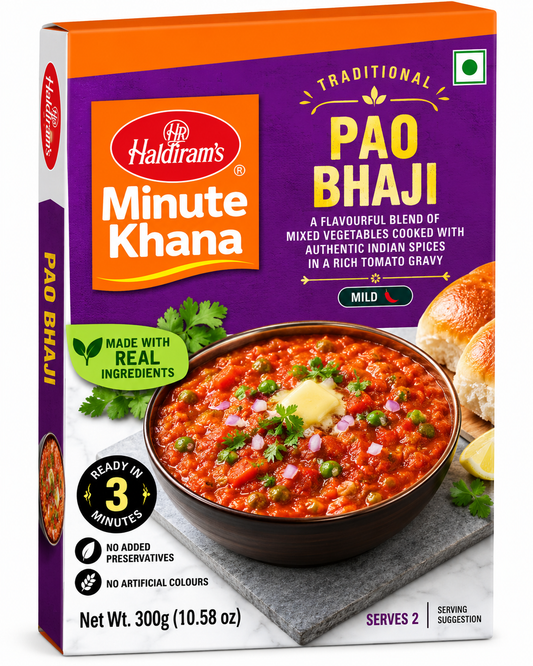 Haldiram’s Minute Khana Pao Bhaji 300g ready-to-eat Indian mixed vegetable curry in rich tomato gravy, served with pav bread in purple and orange packaging.