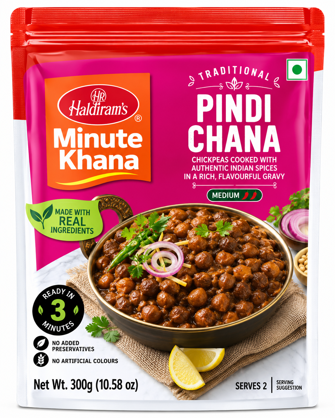 Haldiram’s Minute Khana Pindi Chana 300g ready-to-eat Indian chickpea curry with aromatic spices in magenta and orange packaging.